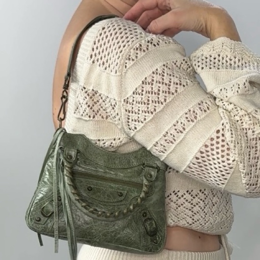 Auth RARE Balenciaga mini Leather Handbag vintage Green Bag  mirror COLLECTIBLE